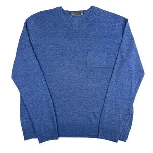 Vince Men's Heather Blue V-Neck Sweater Linen Blend Chest Pocket